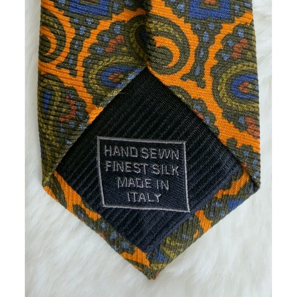Robert Jensen Mens Silk Paisley Tie Orange Hand Sewn Made in Italy Luxury Dapper